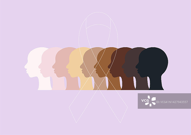 不同肤色的女性没有头发和丝带的癌症意识图片素材