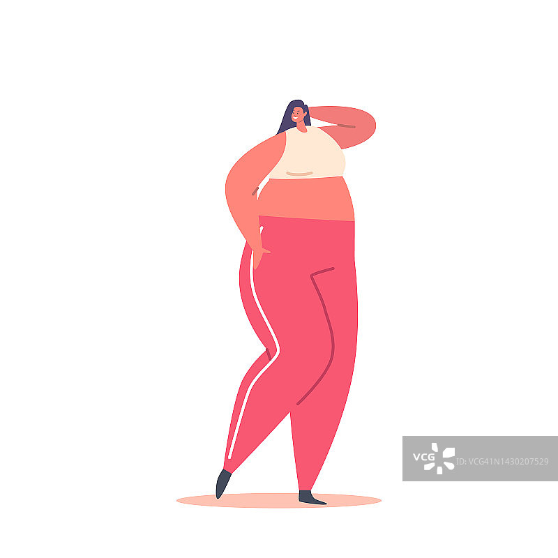 外加尺寸的女人穿着运动装红色裤子和短上衣。女性角色身体积极，爱你的身体概念图片素材