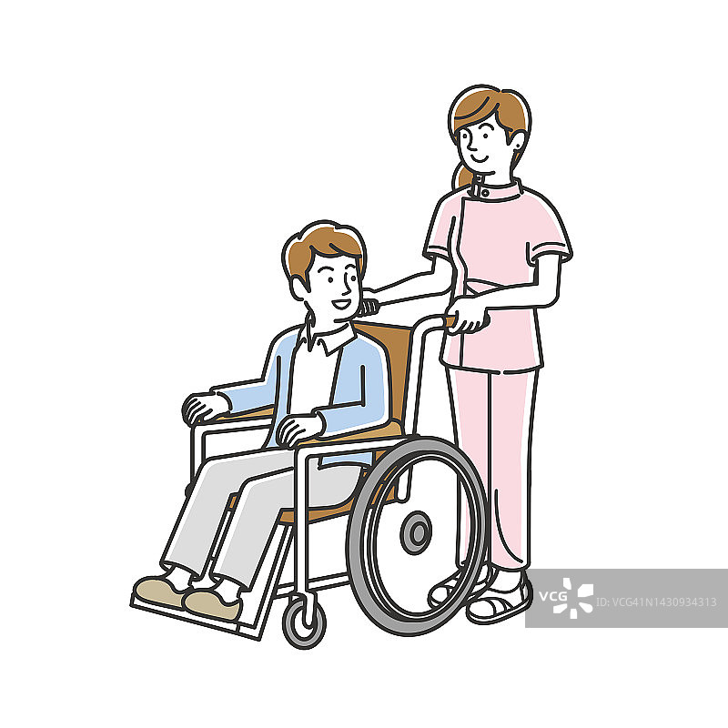 一个护士在帮助一个坐在轮椅上的年轻人图片素材