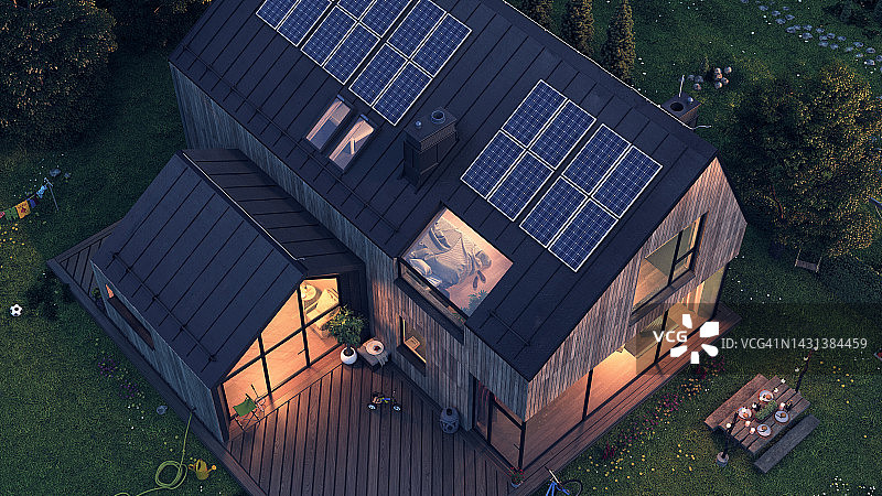 现代别墅的太阳能电池板图片素材