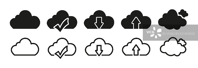 云图标设置在不同的平面风格矢量。云计算，文件托管，技术符号图片素材