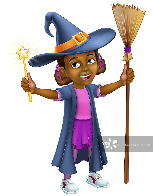 黑人女孩卡通儿童万圣节女巫服装图片素材