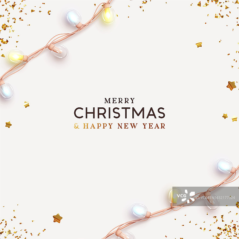 圣诞快乐，新年快乐。圣诞背景真实感设计装饰光花环，金色闪闪的五彩纸屑。圣诞海报，节日横幅，传单，时尚的小册子，贺卡。图片素材