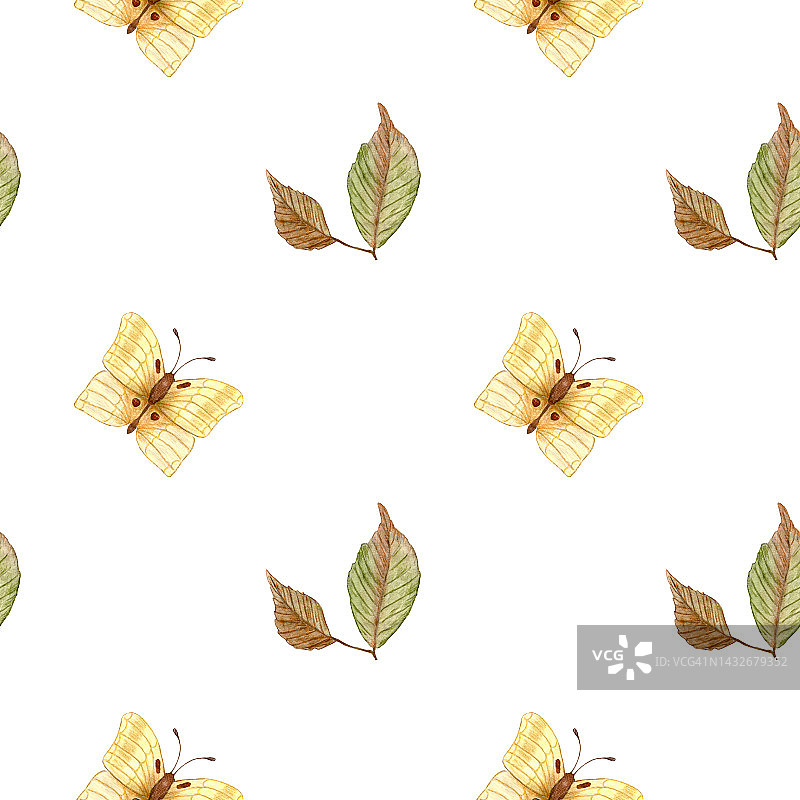 秋天黄色的蝴蝶。无缝水彩图案与蝴蝶和树叶。图片素材