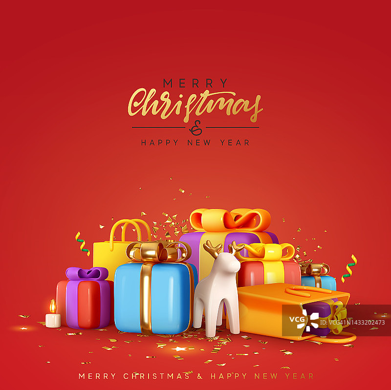 圣诞快乐和新年快乐的背景。逼真的3d圣诞设计，五颜六色的礼盒堆，礼品盒，礼品袋惊喜。节日横幅，海报，贺卡。矢量图图片素材