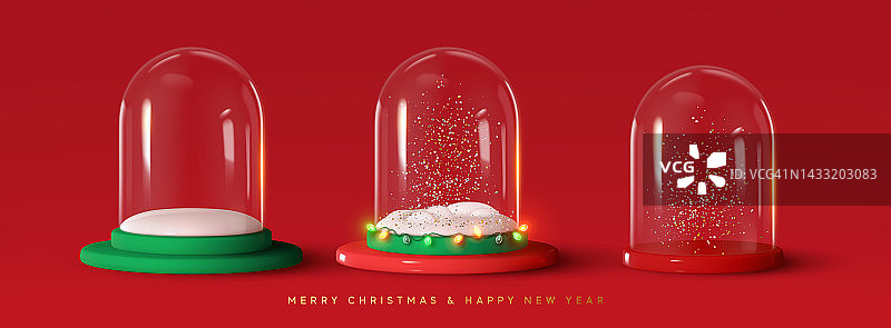 一套玻璃雪花球圣诞装饰设计。讲台下透明的玻璃圆顶与白色的雪花，和辉光花环。圣诞红圆景。红白工作室。促销产品的标志图片素材