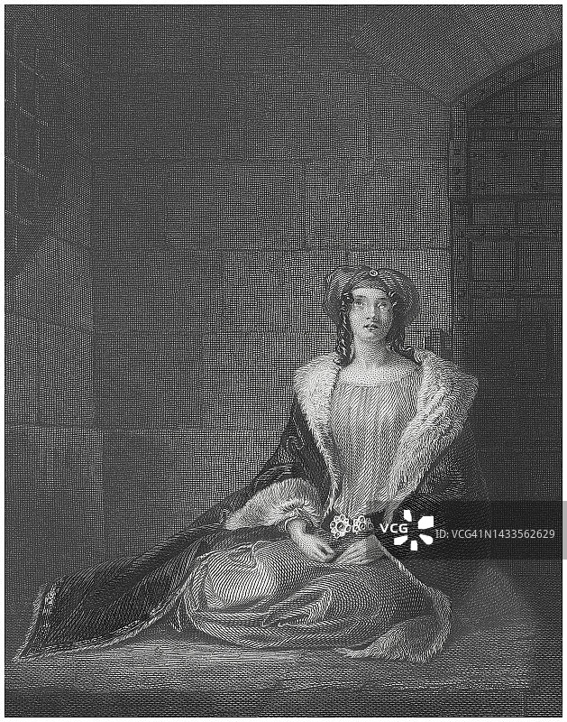丽贝卡被困在托尔基斯通城堡的古老雕刻插图图片素材