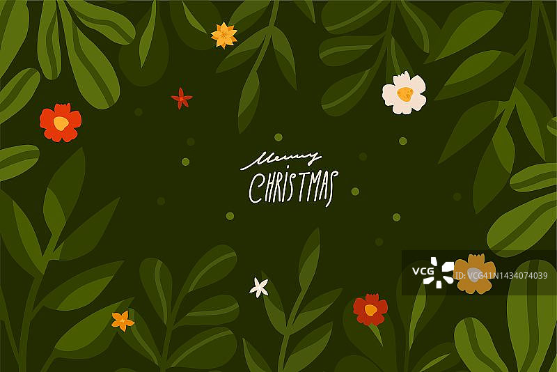 手绘矢量抽象图形圣诞快乐和新年快乐剪纸插图贺卡花和树叶。圣诞快乐可爱的碎花卡片设计背景。寒假的艺术。图片素材