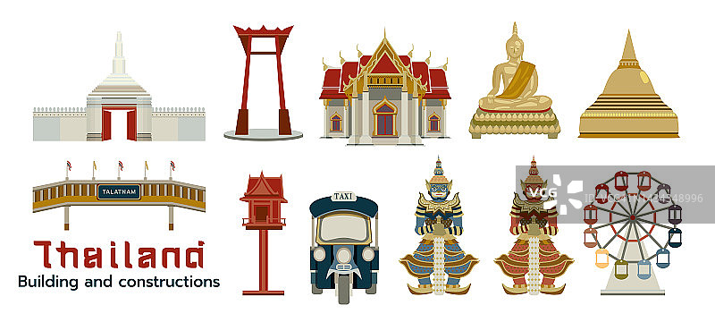 泰国建筑和建筑元素平面矢量插画与大地色调。图片素材