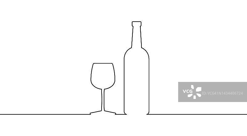用一条连续的线画酒瓶和酒杯。矢量插图。图片素材