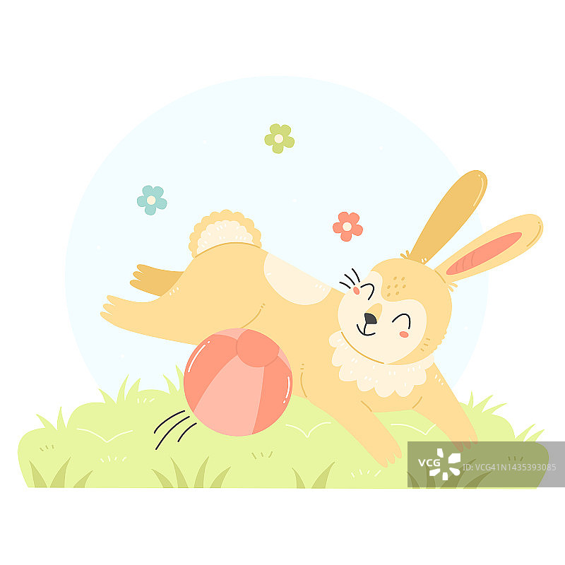 可爱的兔子在玩球。卡通风格的奔跑兔子角色。夏天孩子的插图。图片素材
