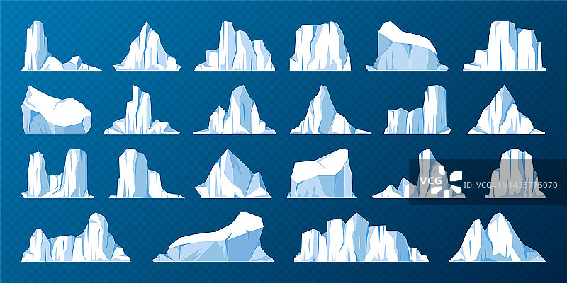 漂浮的冰山集合。漂流的北极冰川，冰冻的海水块。冰雪覆盖的山脉。融冰的峰值。南极的景观。南极和北极。矢量插图。图片素材