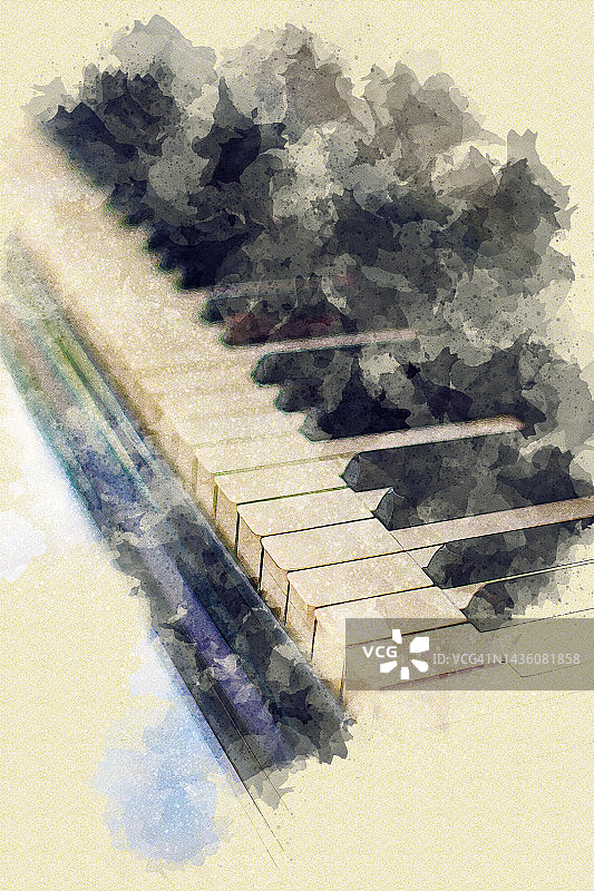 水彩风格钢琴键盘特写图片素材