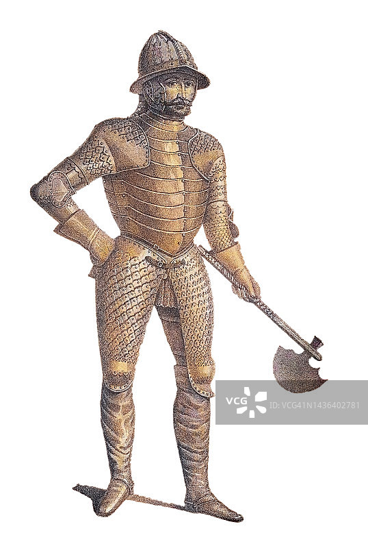 16世纪晚期匈牙利盔甲的古老雕刻插图，骑士盔甲图片素材