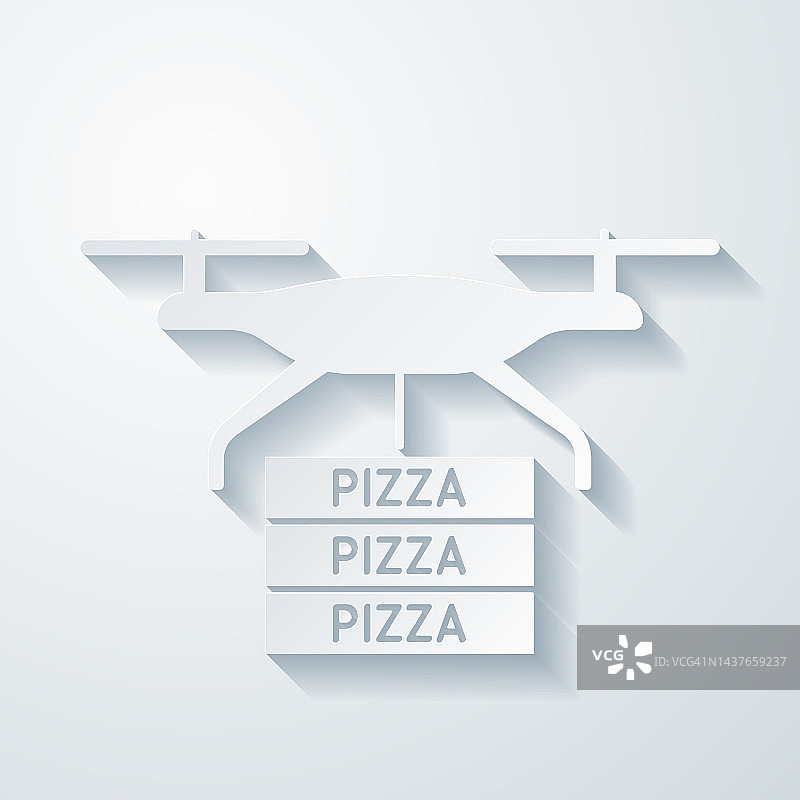 披萨外卖无人机。空白背景上剪纸效果的图标图片素材