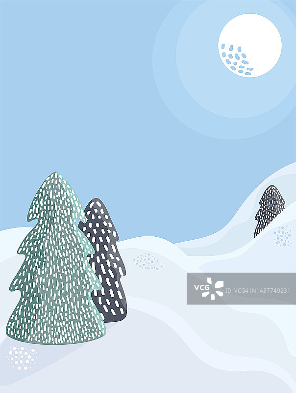 冬天的背景。森林景观。阳光明媚的雪天，在雪堆中手绘纹理的斯堪的纳维亚枞树图片素材