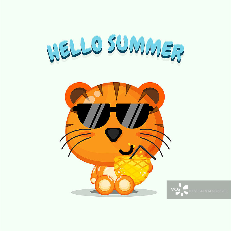 可爱的老虎吉祥物带着菠萝汁迎接夏天图片素材