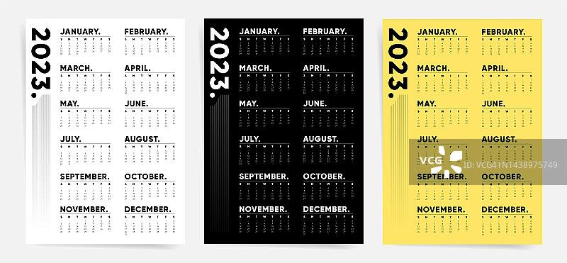 一页日历模板为新的2023年。上周星期天开始。现代科技办公设计。准备打印。图片素材