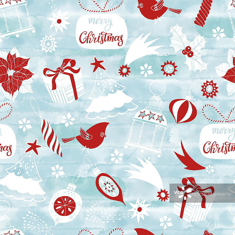 圣诞和新年矢量背景。无缝图案与节日元素在蓝色水彩背景。完美的圣诞和新年贺卡，邀请，墙纸，包装。图片素材