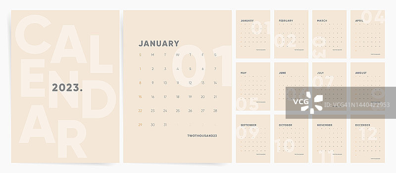 2023日历模板。波西米亚式的简约设计。12个月的向量集。A4格式的桌面或墙壁。图片素材