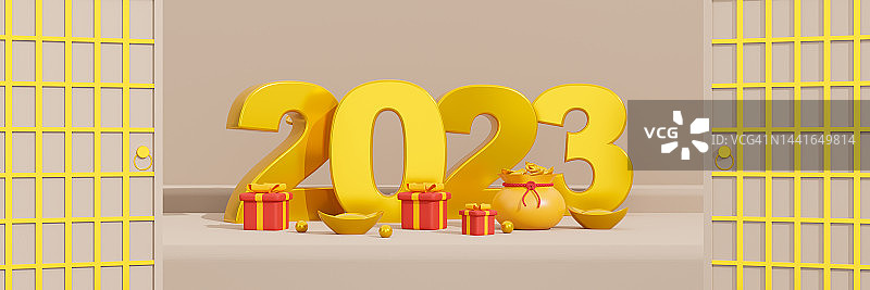 中国新年2023年，模板的广告，网络，社交的golden2023和礼盒与米色背景的幸运袋。三维渲染图片素材