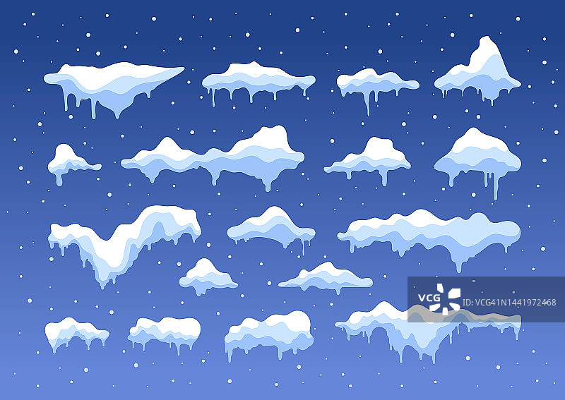 雪帽。雪花雪球冰堆平卡通风格，雪花冰冻冬季圣诞装饰元素。矢量隔离集合图片素材