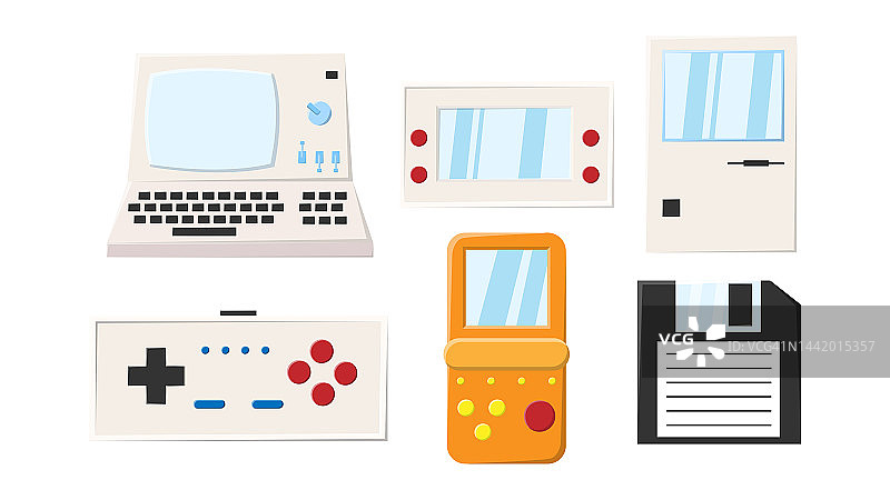 一套老复古复古潮科技电子电脑，个人电脑，软盘，游戏便携式视频游戏机从70年代，80年代，90年代。矢量图图片素材