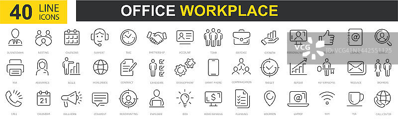 套装40个办公室和工作场所的网络图标的直线风格。商务人员，人力资源，办公室管理。大纲图标集合。团队合作，工作场所，咖啡，工作，业务，员工。矢量图图片素材