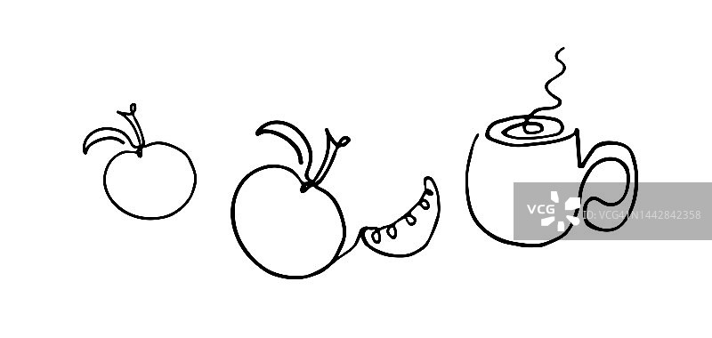 线条艺术热饮，苹果和橘子在白色的背景。矢量插图。图片素材