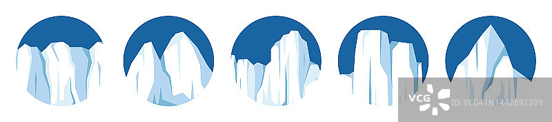 漂浮冰山收藏。漂流的北极冰川，冰冻的海水块。冰雪覆盖的山脉。融化的冰峰。南极的雪景。南极和北极。矢量插图。图片素材