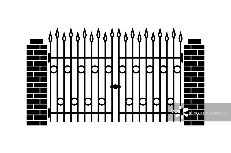 大门和砖柱的图标。黑色的轮廓。前视图。矢量简单的平面图形插图。白色背景上的孤立物体。隔离。图片素材