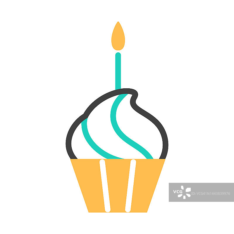 彩色香草松饼装饰旋涡生奶油。生日纸杯蛋糕平线图标与燃烧的蜡烛。黄色杯子里的节日甜点。美味的自制零食。处理设计矢量插图。图片素材