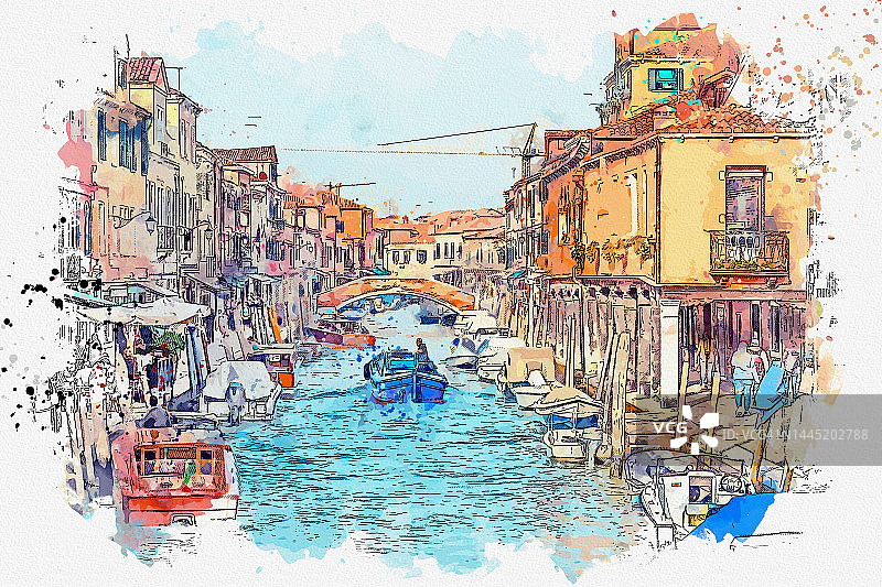 意大利美丽地标穆拉诺的水彩画风景画。图片素材