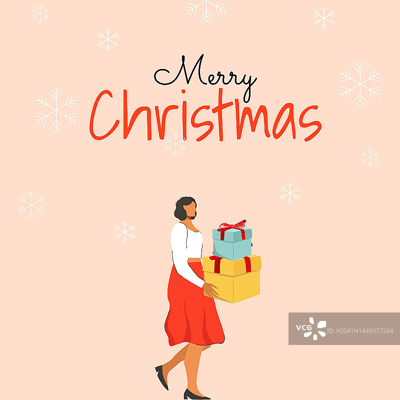 圣诞快乐和女人持有圣诞礼物图标矢量设计。图片素材
