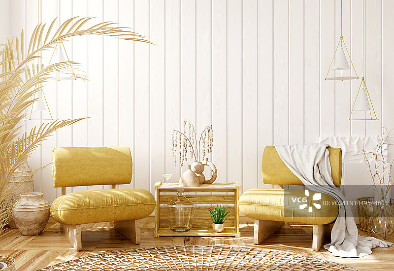 客厅的室内设计，白色的木板镶板墙上有黄色的扶手椅。农舍的风格。家居设计。三维渲染图片素材
