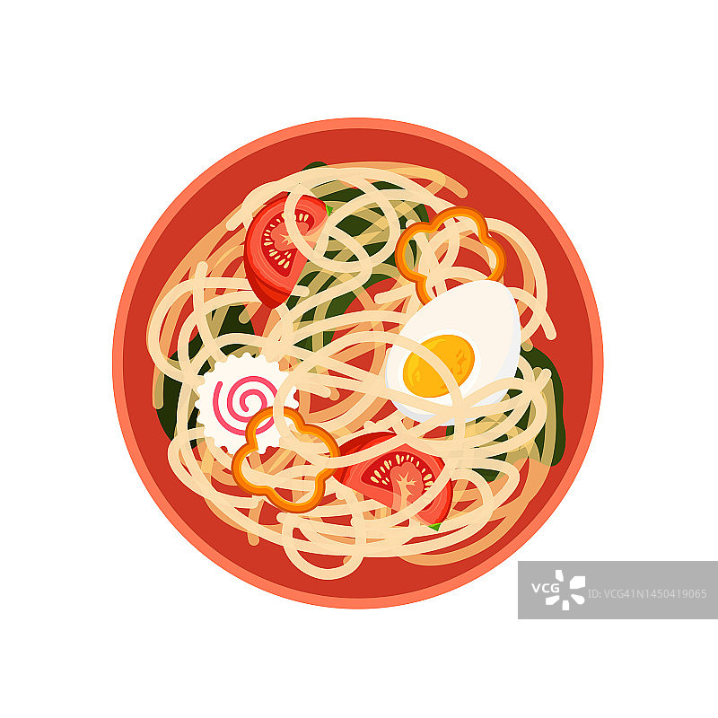 传统的亚洲拉面汤，红碗。图片素材