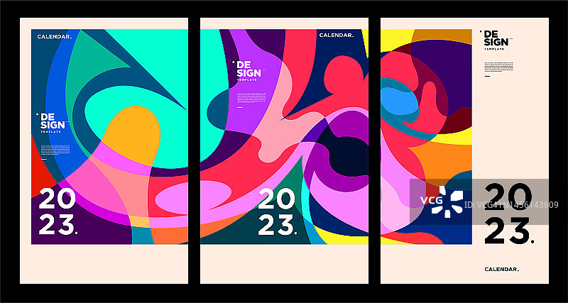 2023年新年日历设计模板与几何彩色抽象。矢量日历设计。图片素材