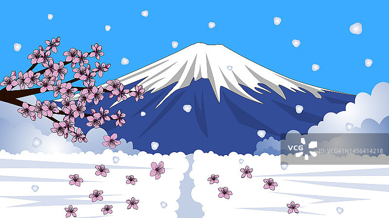 富士山的樱花在冬雪中绽放，是日本的地标，矢量。图片素材