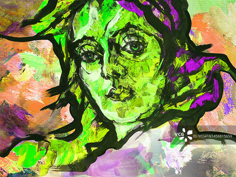 插图油画肖像的一个女人在一个绿色的背景图片素材