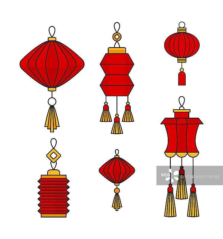中国红灯笼套装。挂纸灯。中国新年。图片素材