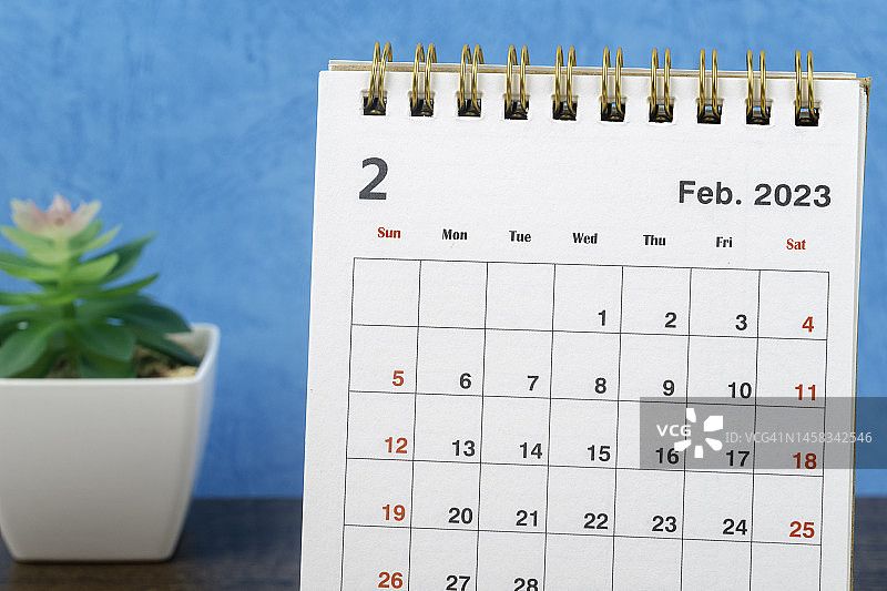日历桌2023:2月是组织者计划和截止日期的月份，以蓝色纸为背景的室内植物。图片素材