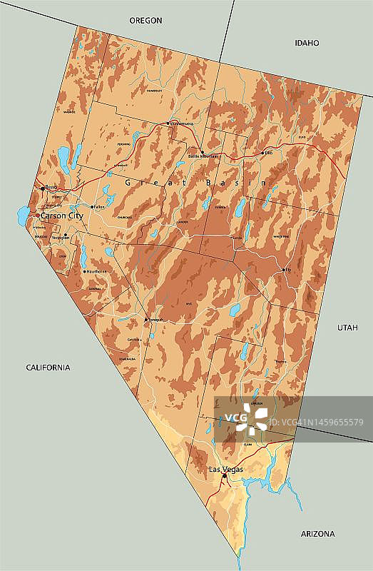 高度详细的内华达州物理地图与标签。图片素材