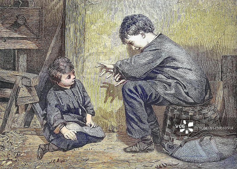 男孩用手指玩皮影戏逗他的妹妹开心，1869年，德国，历史性的，原始19世纪印刷品的数字修复复制品，确切的原始日期未知图片素材