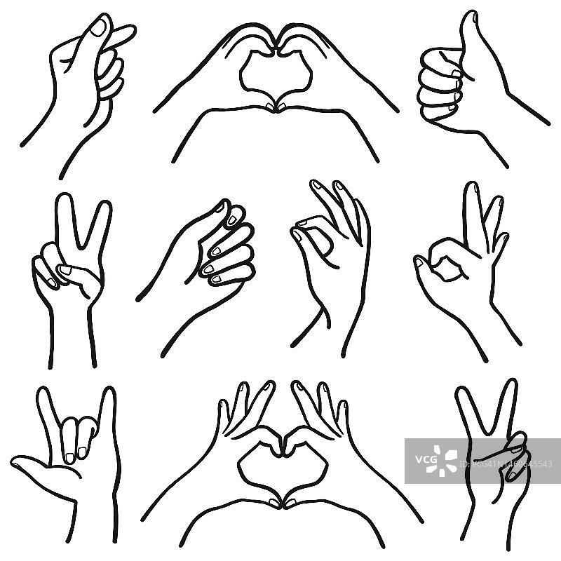 一套现实的手势，手的形状。logo平面艺术设计以黑色笔画孤立于白色之上，表达爱、摇滚、V字形、爱的概念。图片素材