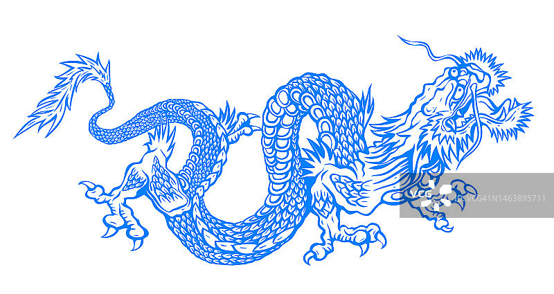 中国蓝龙的矢量插图。蓝色亚洲龙纹身。图片素材