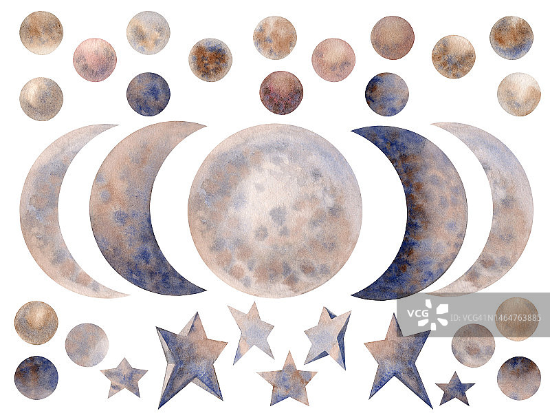 水彩手绘魔术月相，月牙，星星，云米色和蓝色调色板。元素孤立在白色背景上图片素材