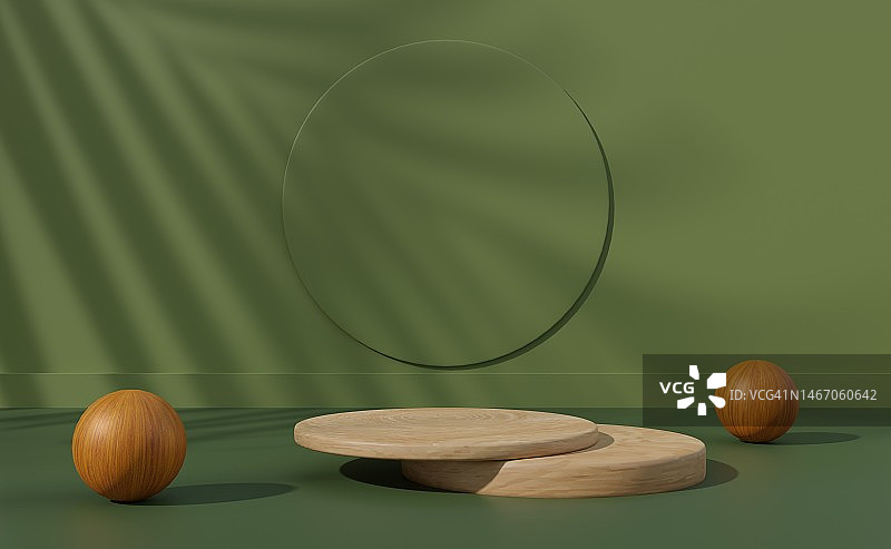 绿色背景的讲台3D。产品展示展示。抽象的场景背景。逼真的圆形木支架。基座产品在最小场景。几何平台展示化妆品产品。三维渲染图片素材