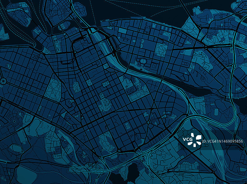 暗色虚构城市的插图地图。图片素材