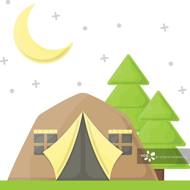 营地夜景概念，基地营地在丛林矢量颜色图标设计，露营和户外符号，极限运动设备标志，野生动物和探险元素库存插图图片素材
