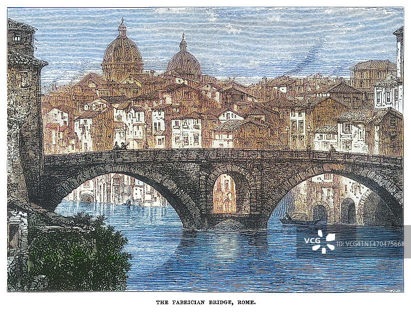 意大利罗马最古老的罗马桥(建于公元前62年)Pons Fabricius, Ponte Fabricio，“fabicio桥”或Ponte dei Quattro Capi，仍然存在于其原始状态)的古老雕刻插图图片素材